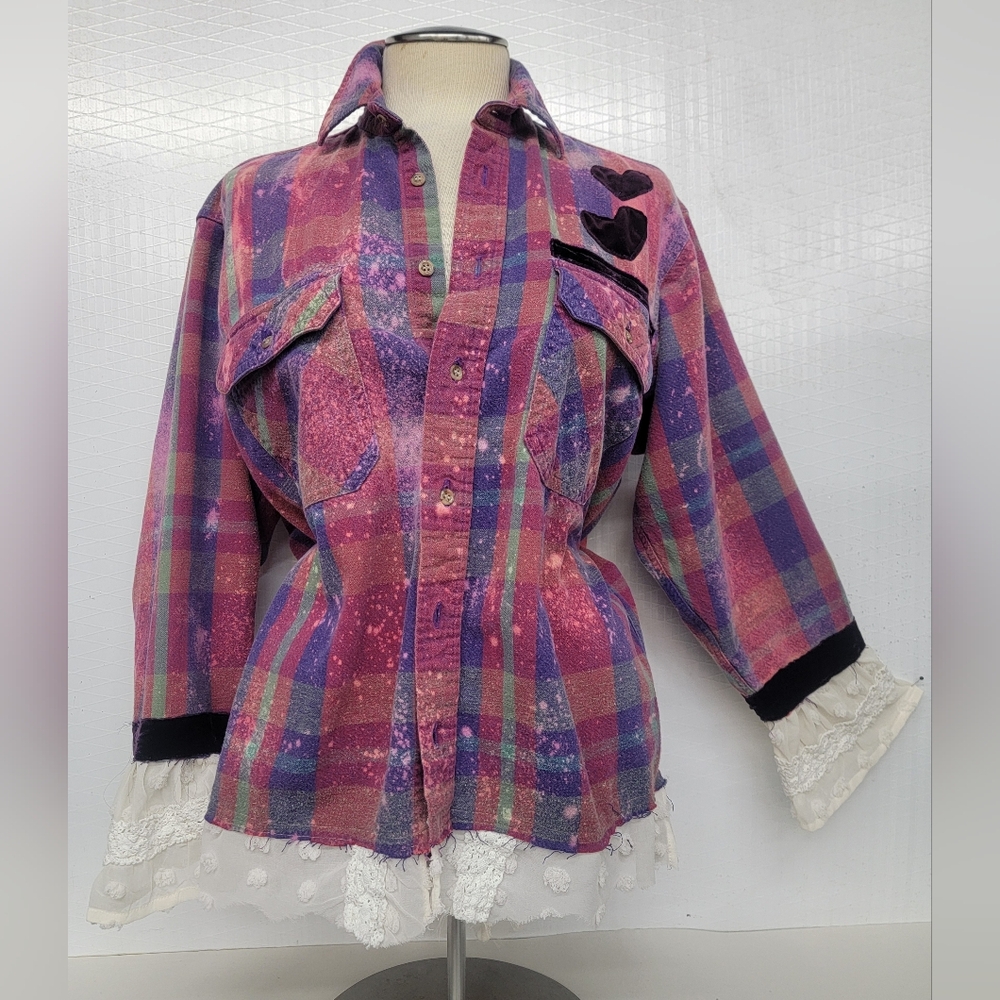Upcycled Vintage Heart Rock Band Flannel Shirt Shacket  With Velvet & Lace - Picture 6 of 13